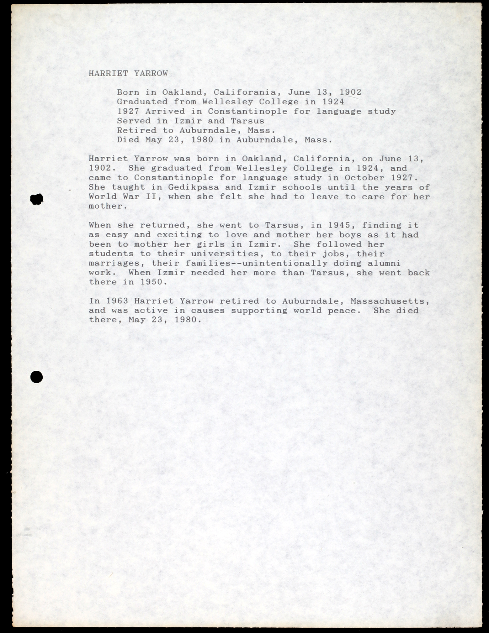 Digital Library For International Research Archive Memorial Records For Harriet Yarrow