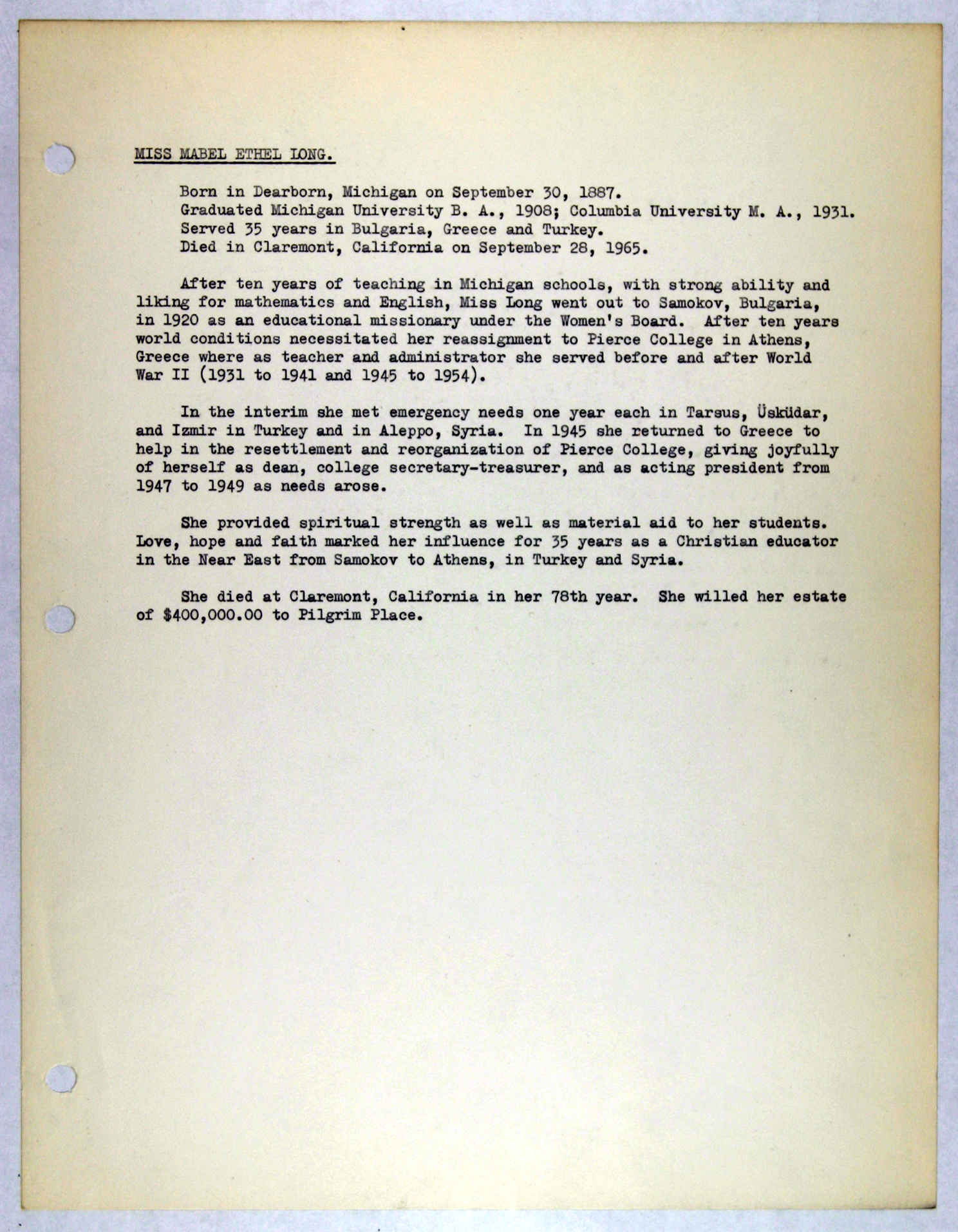 Digital Library For International Research Archive Memorial Records For Mabel E Long