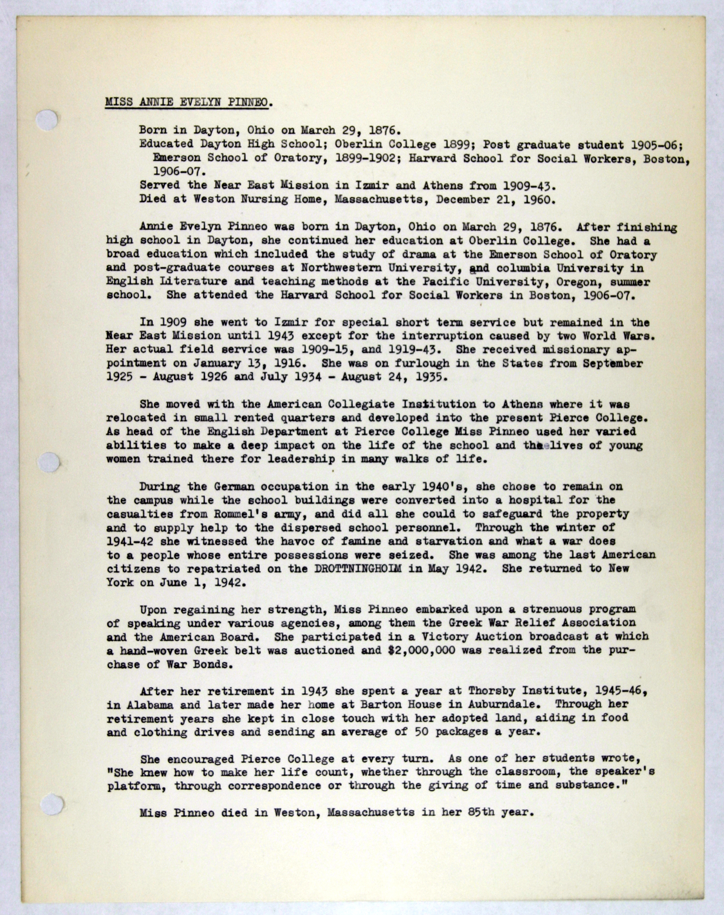 Digital Library For International Research Archive Memorial Records For Annie E Pinneo