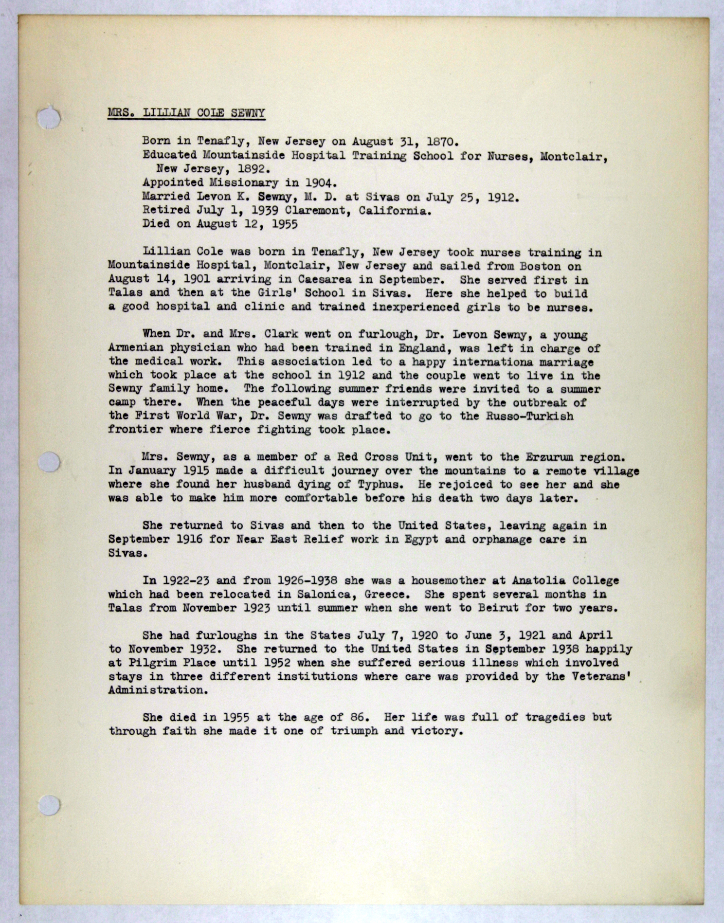 digital library for international research archive memorial records for lillian c sewny