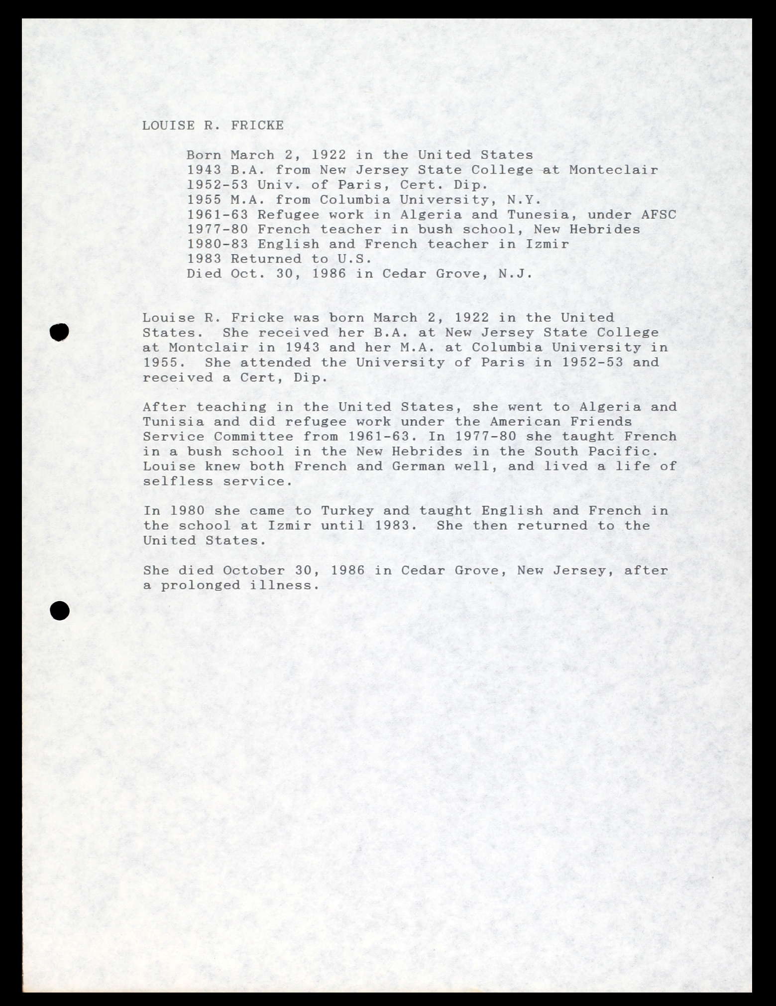 digital library for international research archive memorial records for louise b fricke