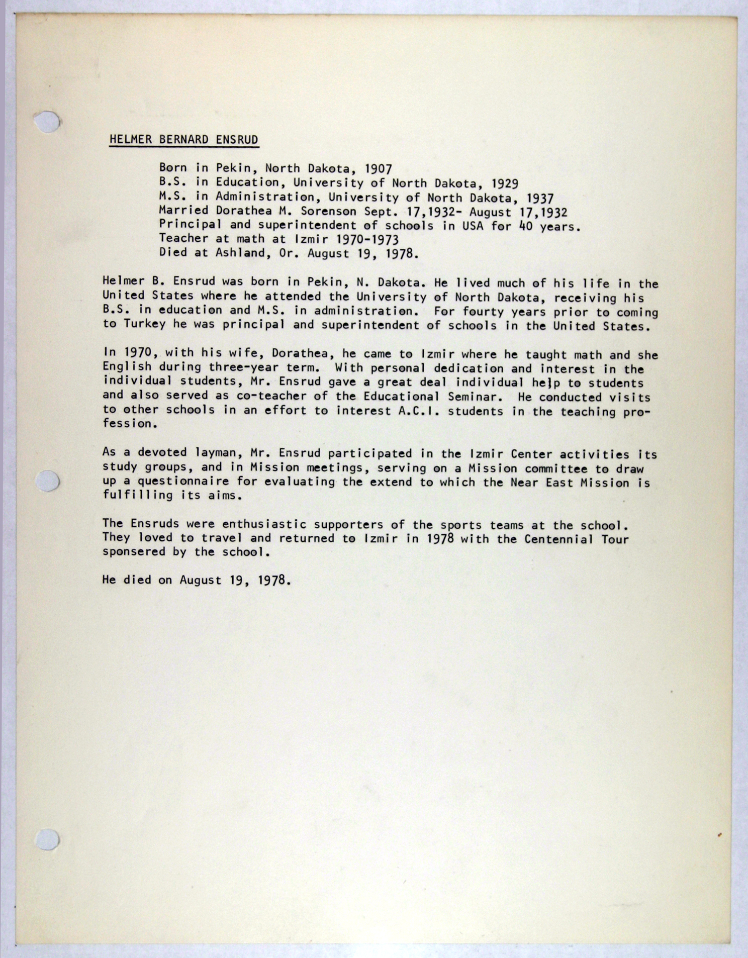 digital library for international research archive memorial records for helmer b ensrud