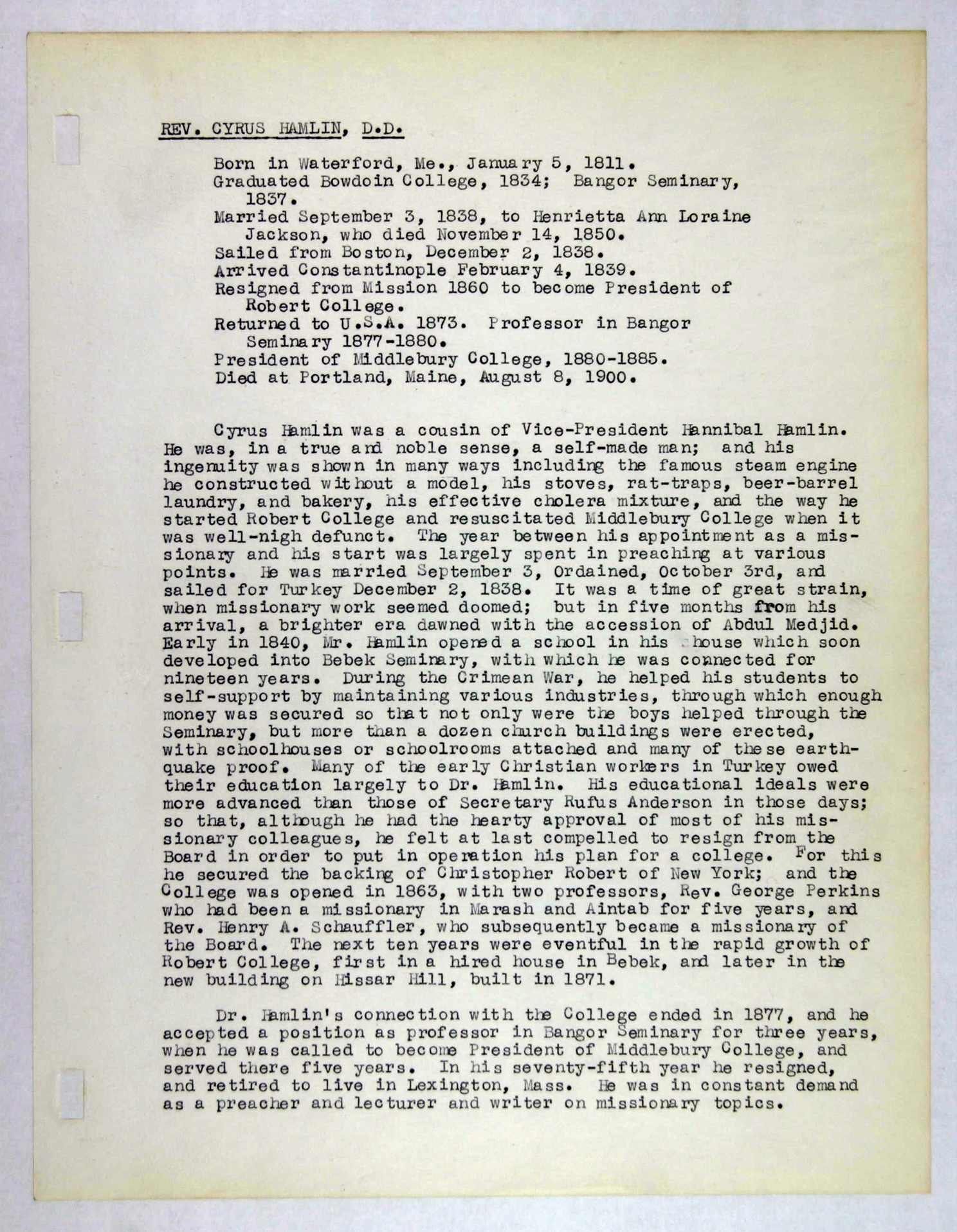 digital library for international research archive memorial records for cyrus hamlin