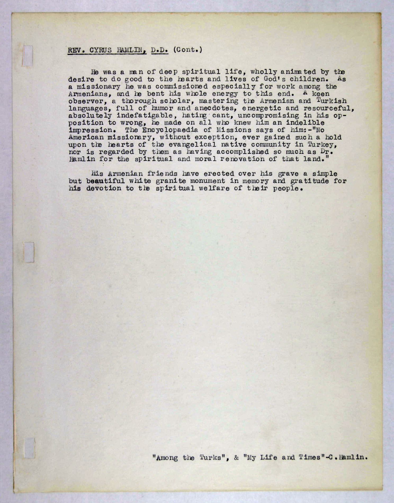 digital library for international research archive memorial records for cyrus hamlin
